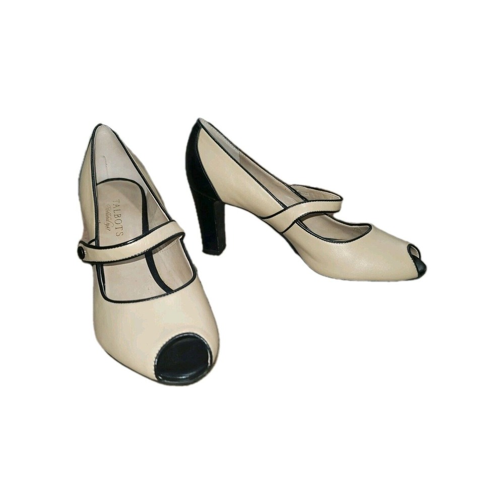 Talbots Womens Tan/Black Peep Toe Mary Jane Pumps Heels Size 7.5 B Career Office